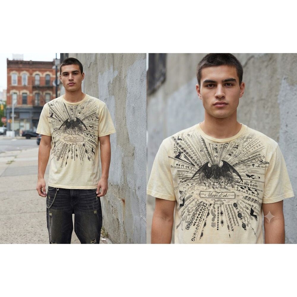 Y2K Marc Ecko Men's Cream and Yellow T-shirt